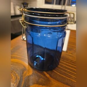 Vintage Cobalt Blue Paneled Canister Jar 6" Tall Wire Bale Hinged Lid